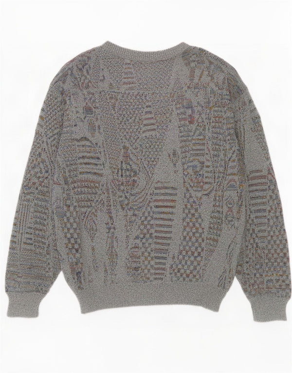 Suéter vintage masculino com gola redonda, pequeno cinza geométrico