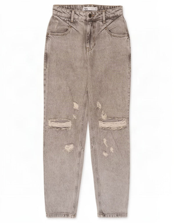 Zara Calça jeans feminina cintura alta desgastada EU 32 2XS W22 L27 cinza
