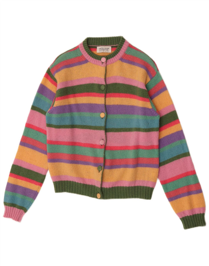 Suéter cardigã feminino Benetton UK 10 pequeno lã listrada multicolorida