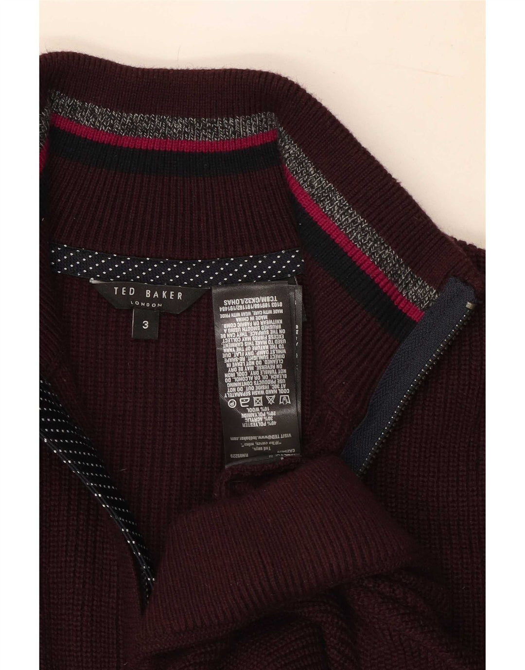 Suéter masculino Ted Baker com zíper e pescoço, tamanho 3, médio, Borgonha, poliéster