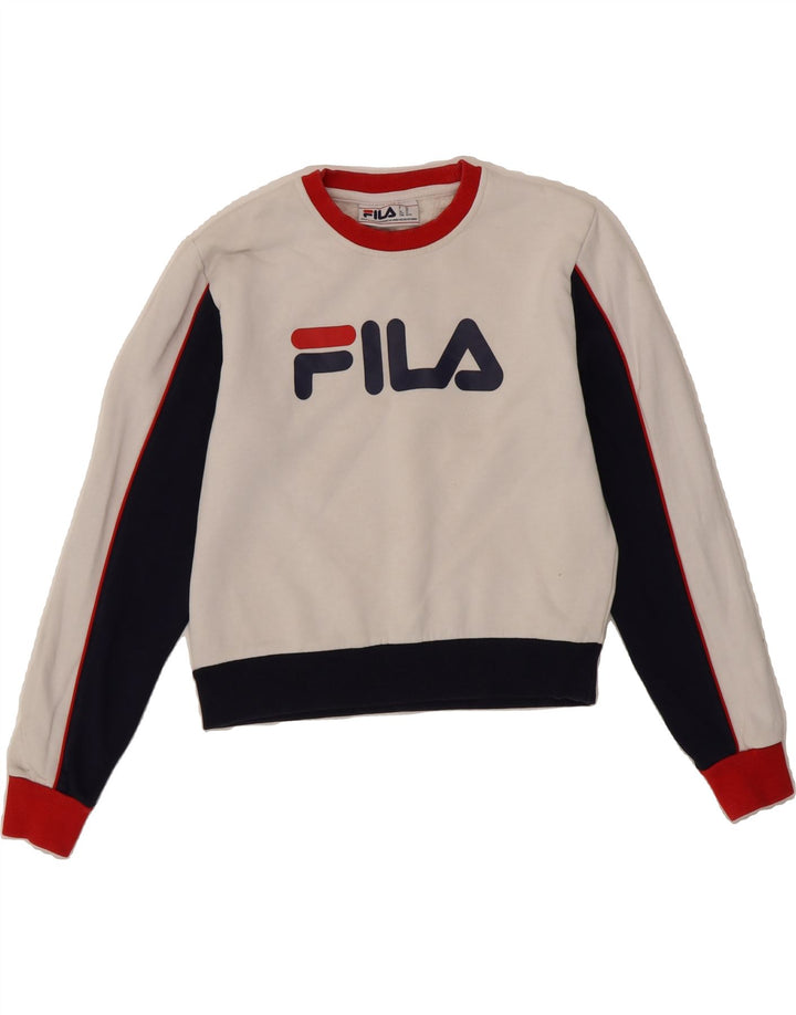 FILA Womens Oversized Crop Sweatshirt Jumper UK 6 XS White Colourblock Vintage Fila and Second-Hand Fila from Messina Hembry 