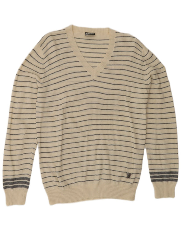 Suéter masculino DATCH com decote em V XL em acrílico listrado branco