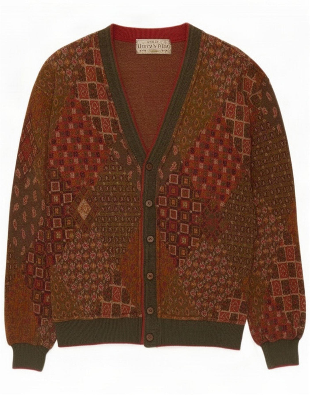 Suéter cardigã masculino vintage de algodão marrom médio patchwork
