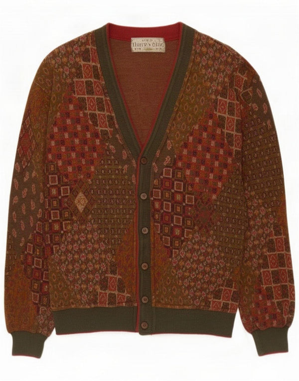 Suéter cardigã masculino vintage de algodão marrom médio patchwork