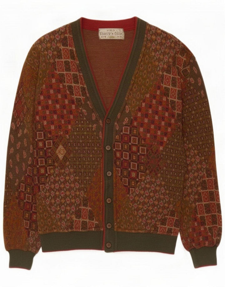 Suéter cardigã masculino vintage de algodão marrom médio patchwork