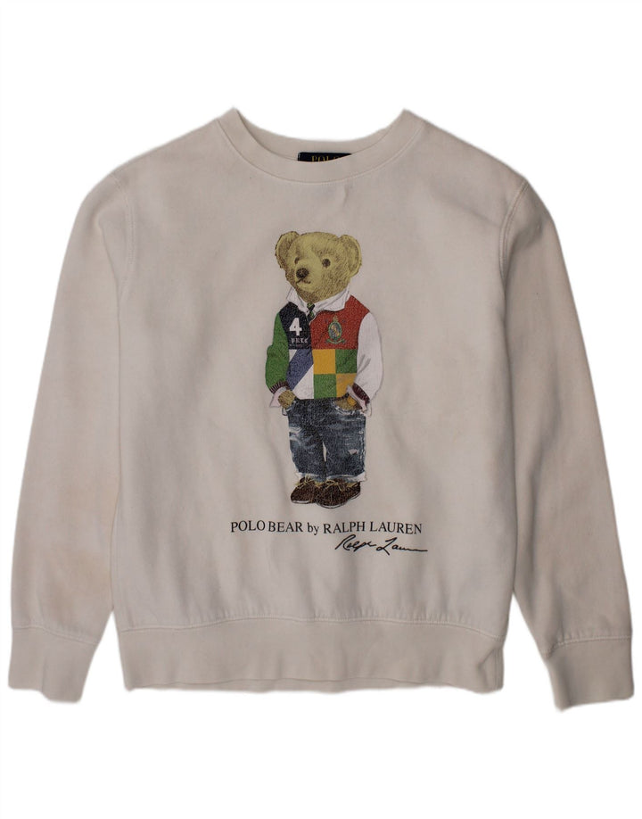 POLO RALPH LAUREN Meninos moletom gráfico jumper 7-8 anos pequeno branco