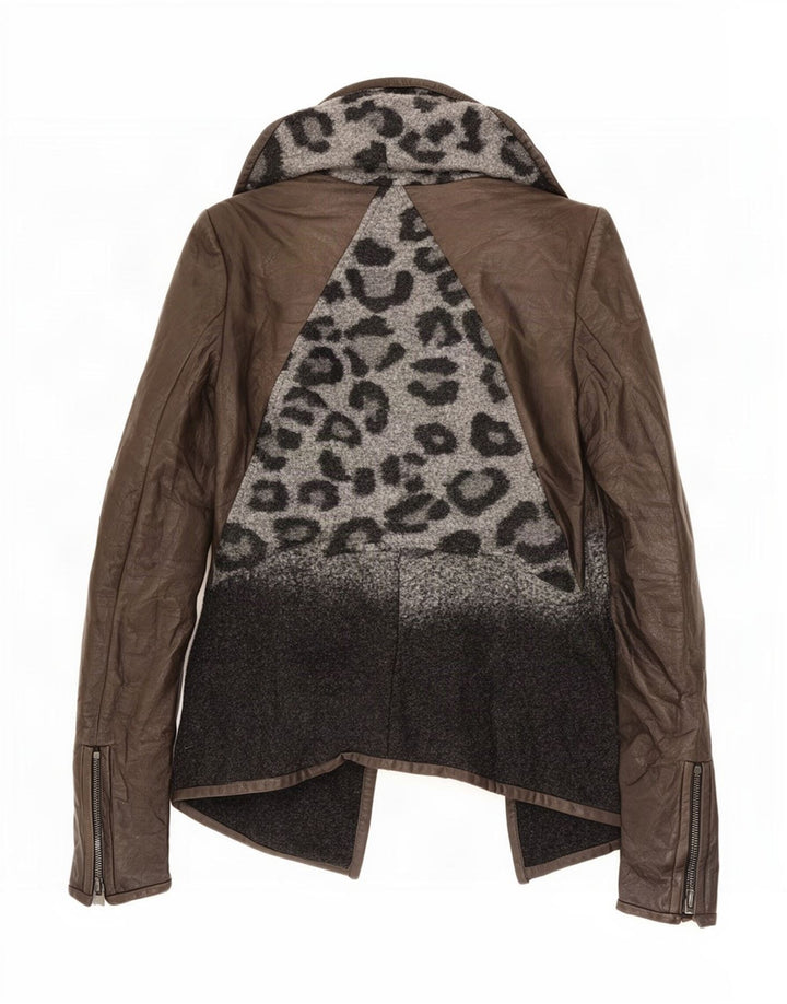 Jaqueta de couro feminina vintage Reino Unido 10 pequena estampa animal marrom