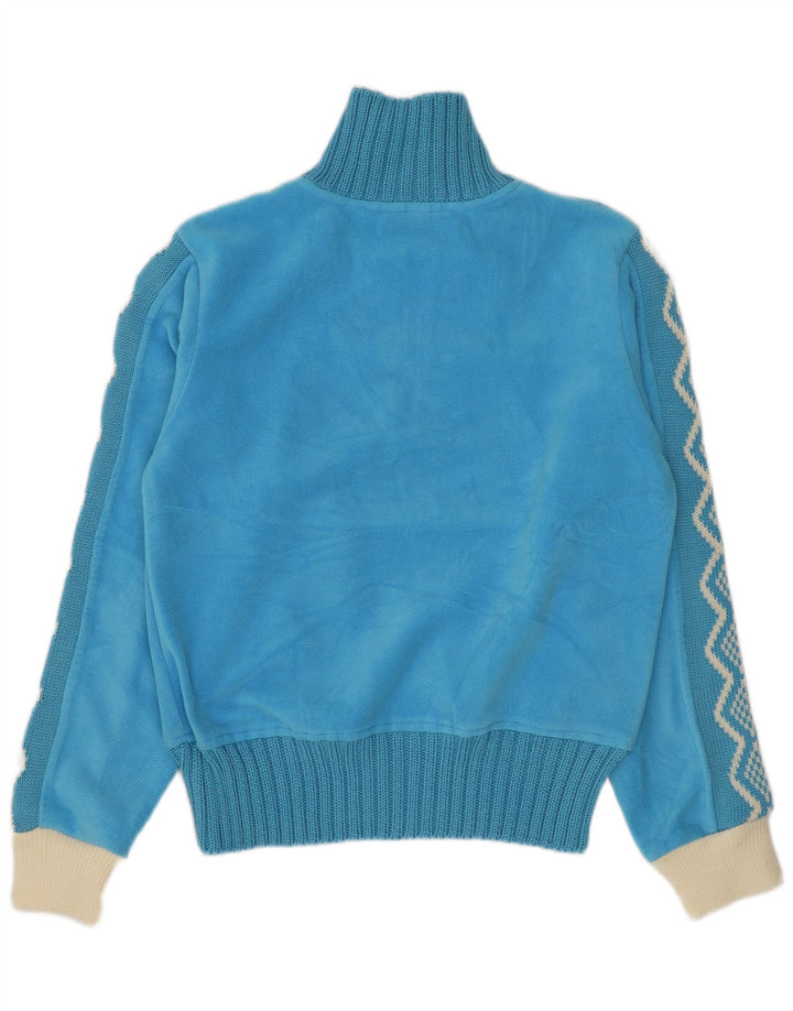 Jumper de lã feminino vintage com gola e zíper Reino Unido 14 poliéster geométrico azul médio