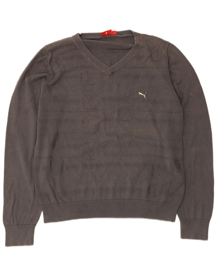 Suéter masculino Puma com decote em V grande algodão geométrico cinza