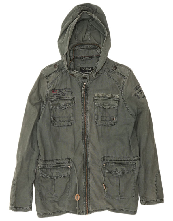 Jaqueta utilitária masculina Soccx com capuz UK 40 grande linho cáqui