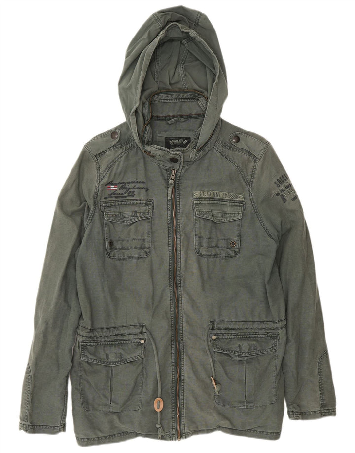 Jaqueta utilitária masculina Soccx com capuz UK 40 grande linho cáqui