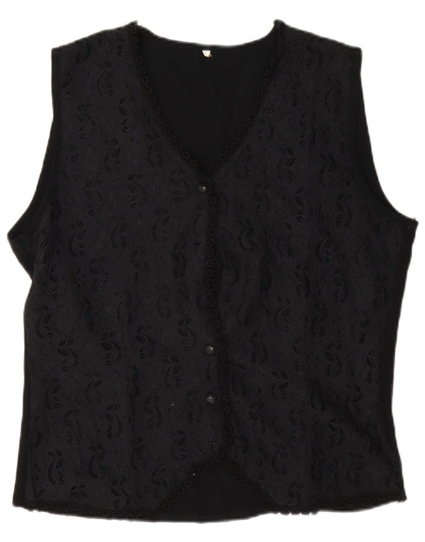 Blusa feminina vintage sem mangas com renda, Reino Unido 16, grande, preta, floral