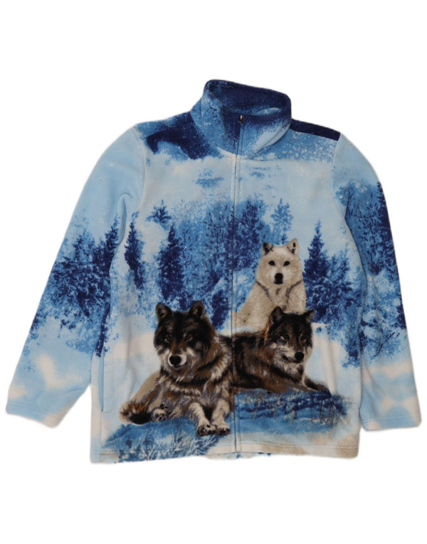 Jaqueta feminina vintage de lã gráfica Reino Unido 16/18 grande estampa animal azul
