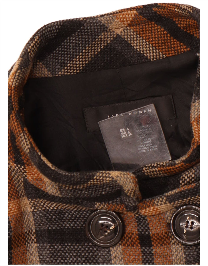 Casaco feminino ZARA com peito duplo Reino Unido 14 grande acrílico xadrez preto