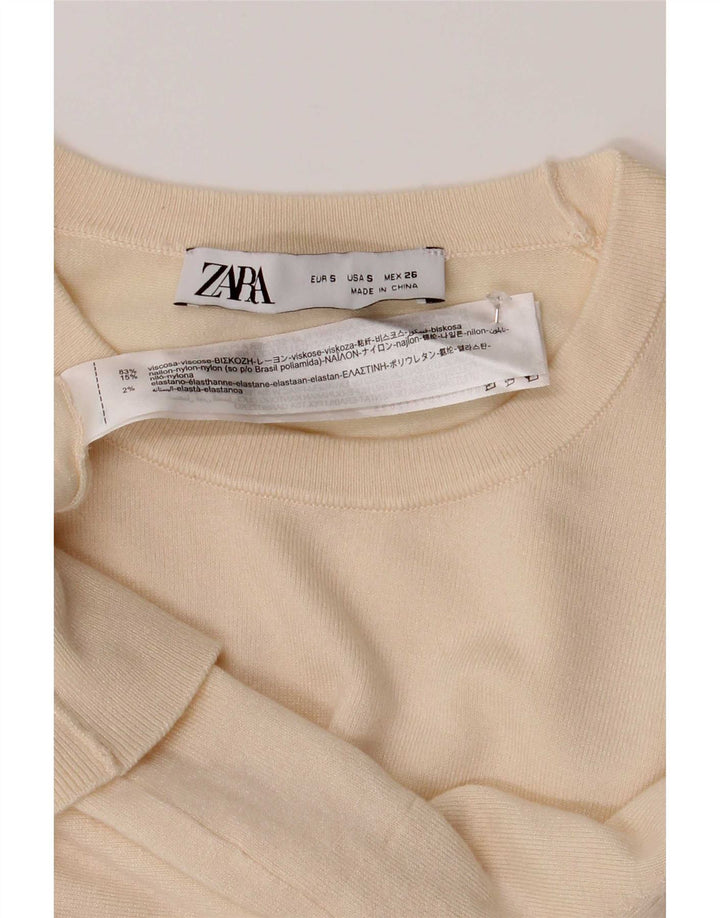Suéter feminino Zara com gola redonda e viscose branca pequena UK 8