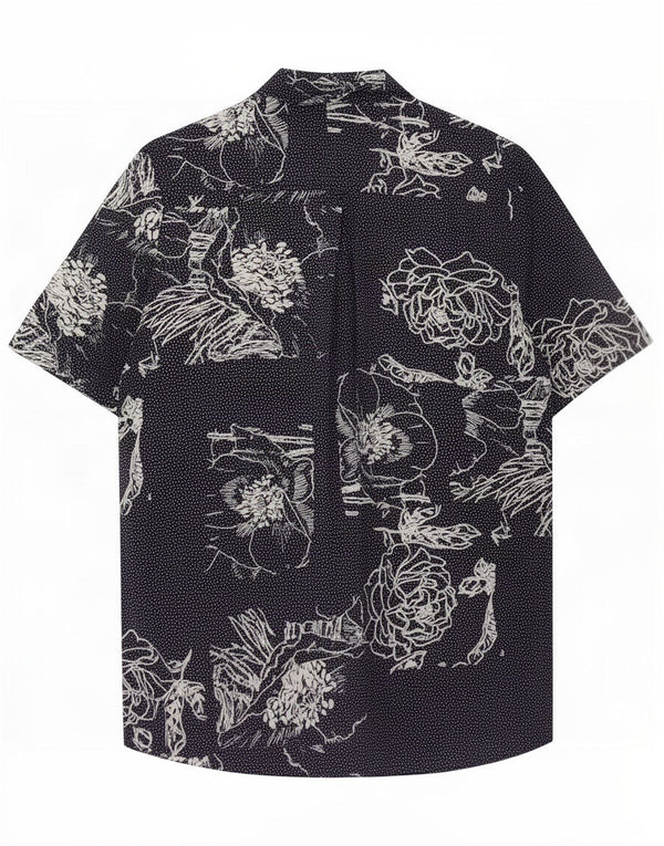 Camisa feminina vintage de manga curta UK 16 grande azul marinho floral