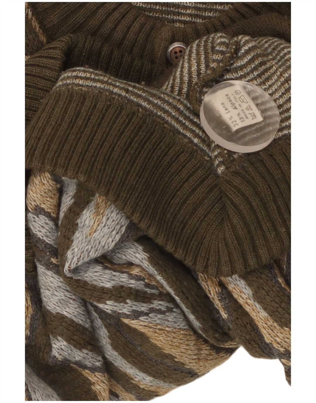 Suéter cardigã masculino vintage grande acrílico listrado cáqui