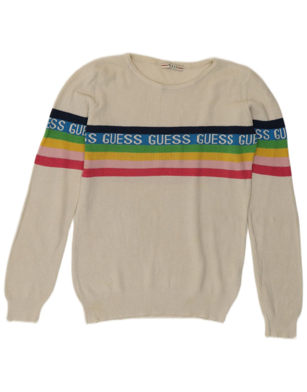 Guess Womens Graphic Crew Neck Jumper Sweater UK 8 Small White Cotton