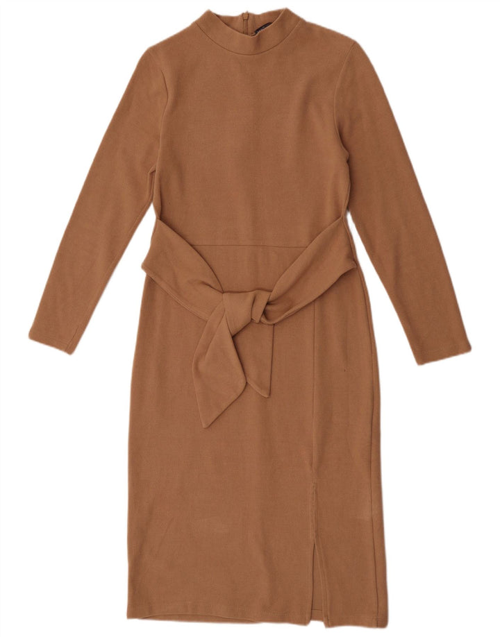 Vestido jumper feminino de manga comprida Marks & Spencer Reino Unido 8 pequeno poliéster bege