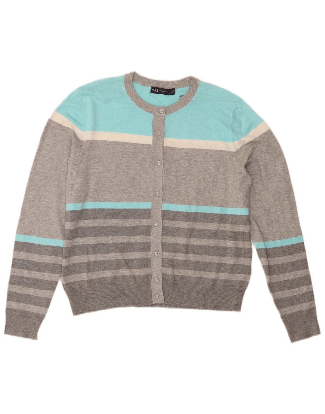 Suéter cardigã feminino Marks & Spencer Reino Unido 14 listrado cinza grande