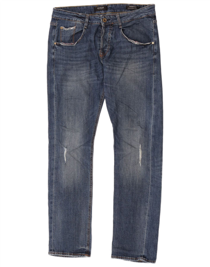 Guess Mens Straight Distressed Slim Jeans W30 L33 Azul Poliéster