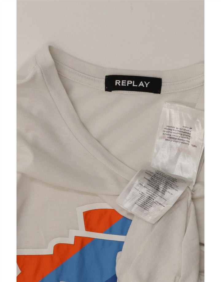 Camiseta feminina REPLAY com estampa gráfica UK 12 algodão branco médio