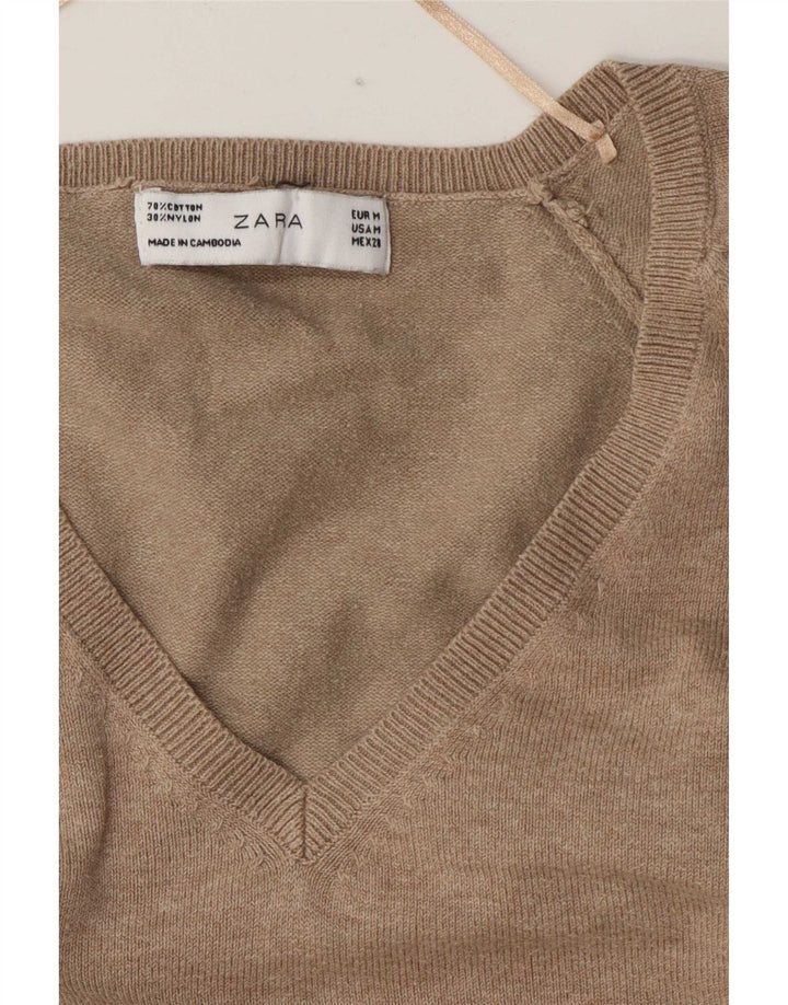 Suéter feminino Zara com decote em V Reino Unido 14 algodão marrom médio