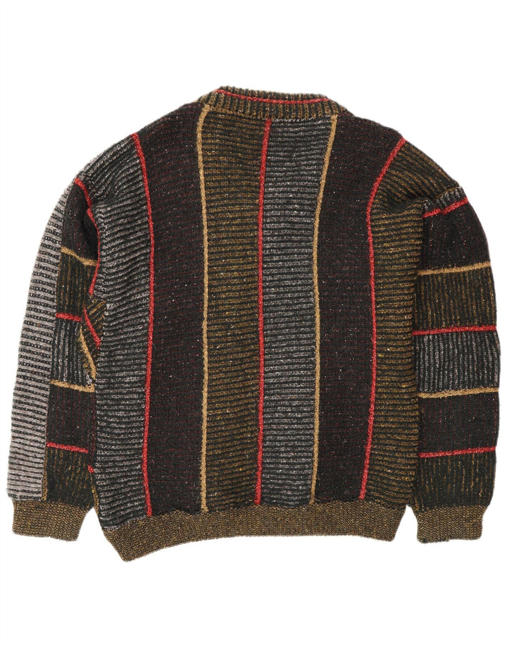 Suéter vintage masculino com decote em V, grande lã listrada multicolorida