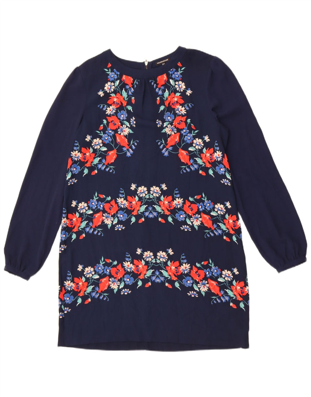 Vestido feminino de manga comprida Warehouse UK 14 médio azul marinho floral