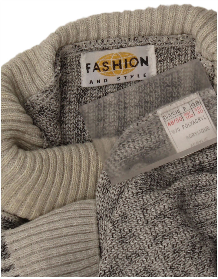 Suéter masculino vintage com gola redonda Reino Unido 38/40 acrílico xadrez cinza médio