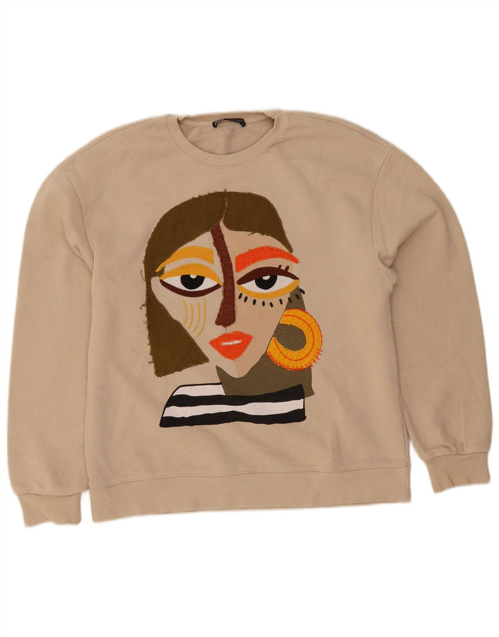 Zara moletom gráfico feminino jumper UK 10 pequeno bege