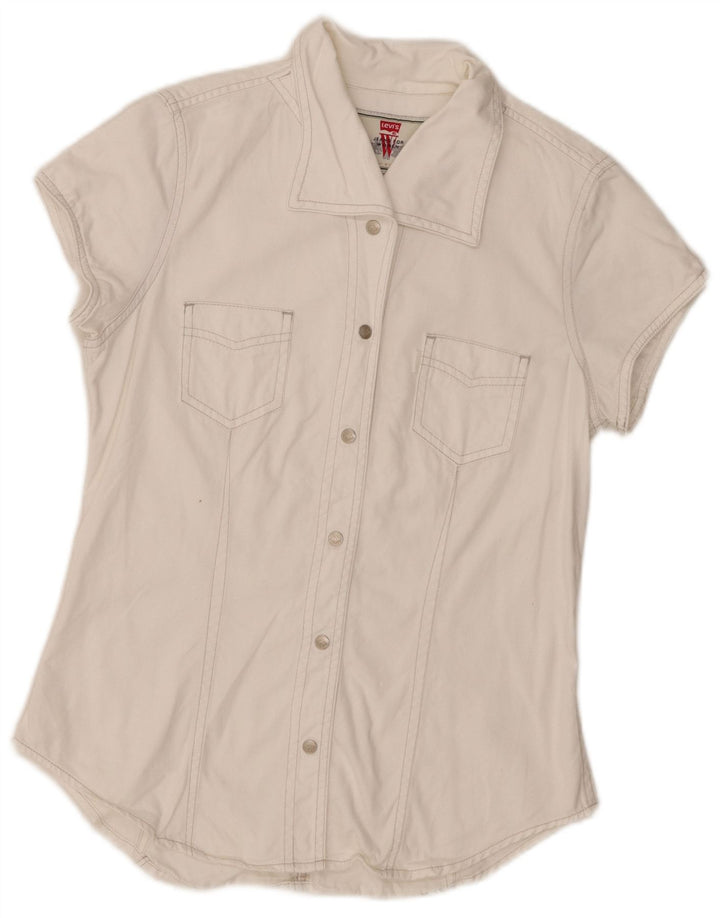 Camisa jeans feminina de manga curta Levi's UK 12 algodão branco médio