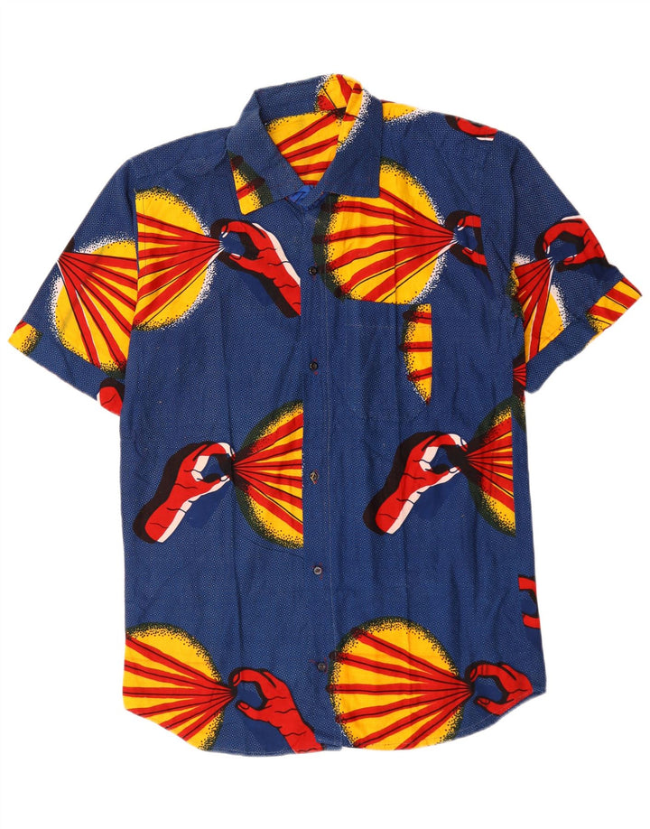 Camisa masculina vintage de manga curta com padrão abstrato azul médio