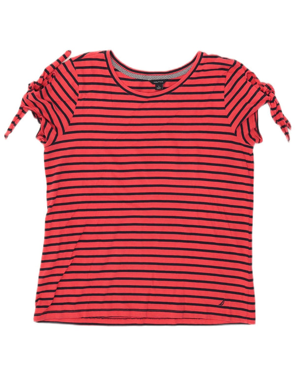 Camiseta feminina Nautica UK 14 grande algodão listrado vermelho