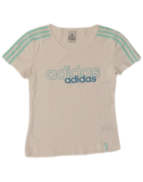 ADIDAS Womens Crop Graphic T-Shirt Top Reino Unido 10 Pequeno Algodão Branco