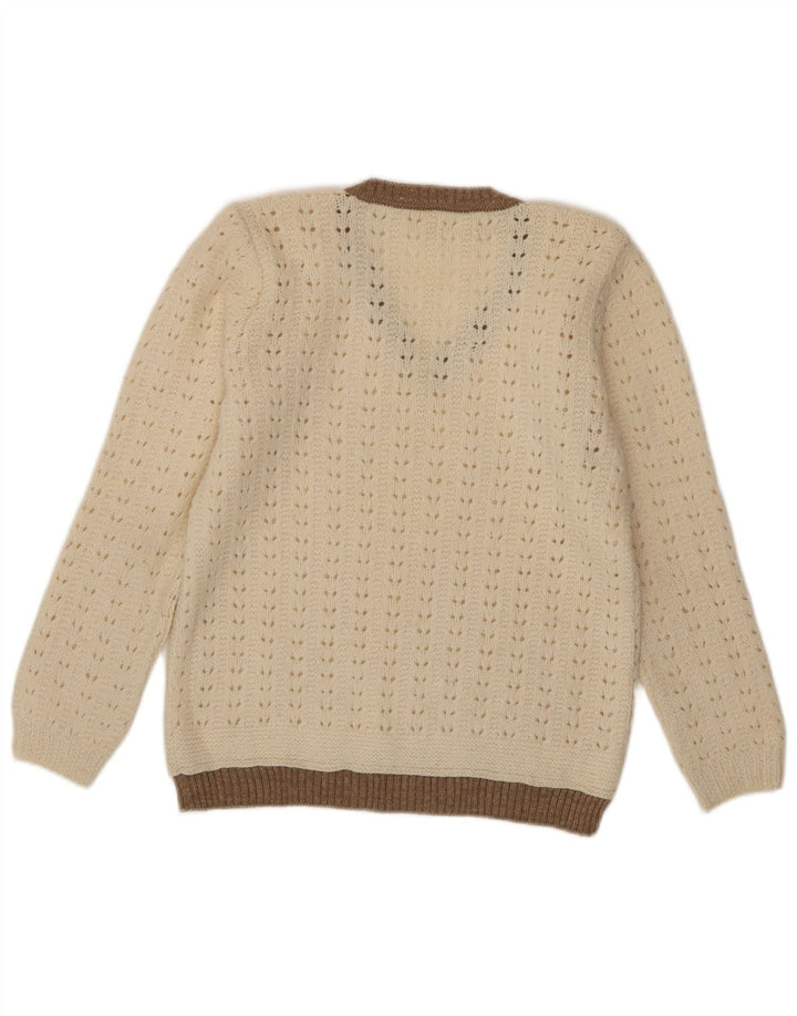 Suéter feminino VINTAGE com decote em V UK 12 médio off white