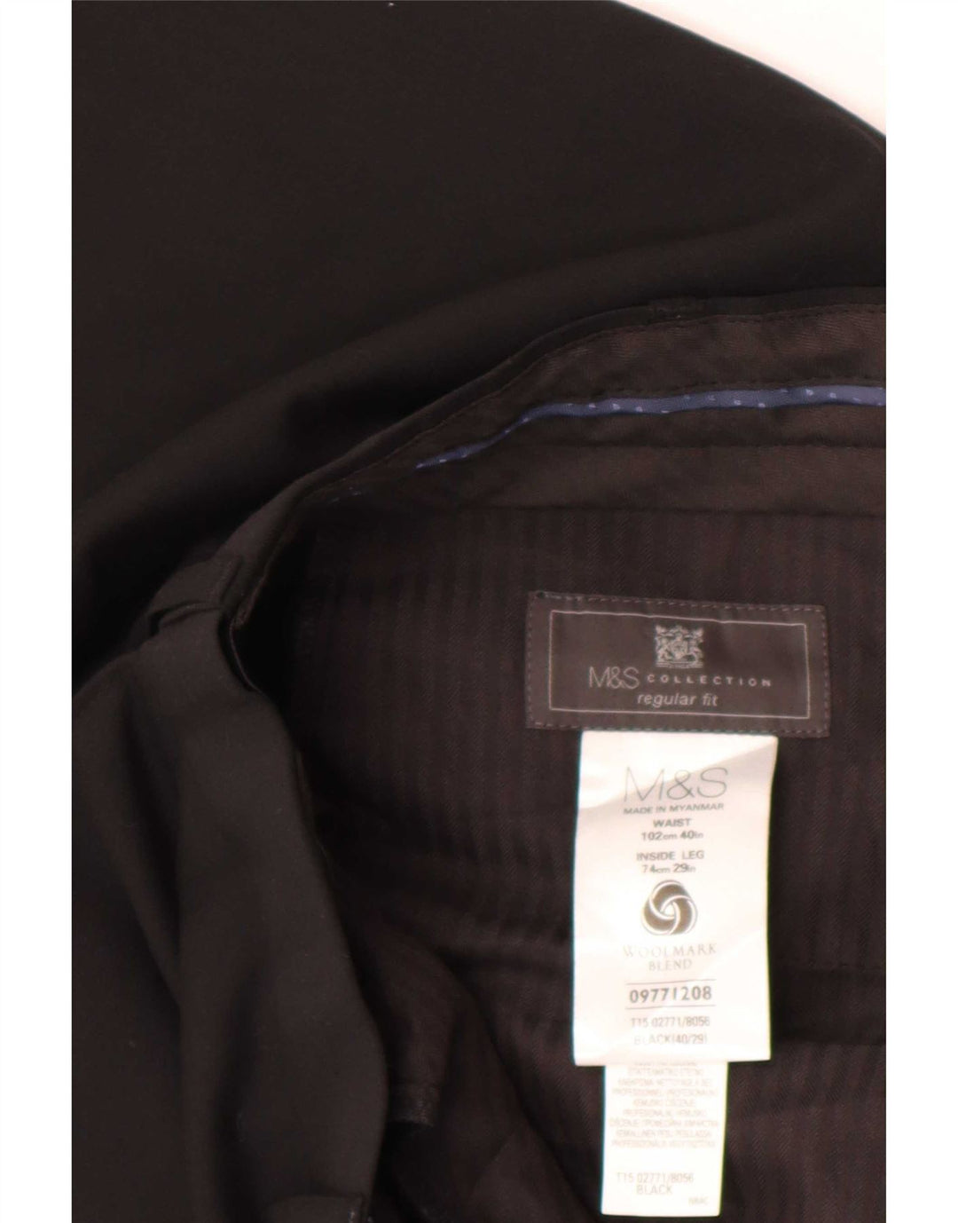 Calça masculina de ajuste regular Marks & Spencer W40 L29 lã preta