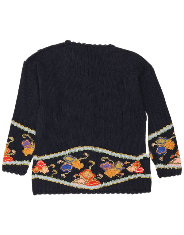 Suéter cardigã feminino vintage Reino Unido 14 algodão floral azul marinho médio