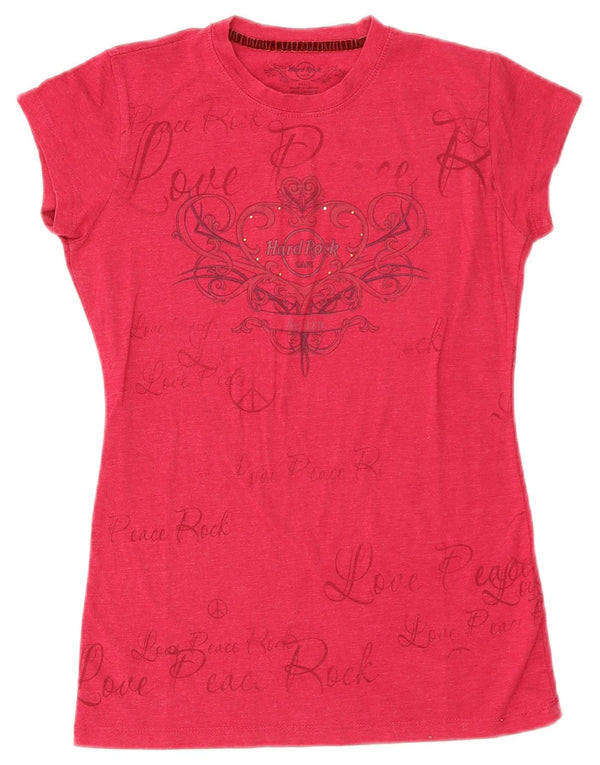 Camiseta feminina com estampa Hard Rock Cafe UK 10 algodão vermelho pequeno