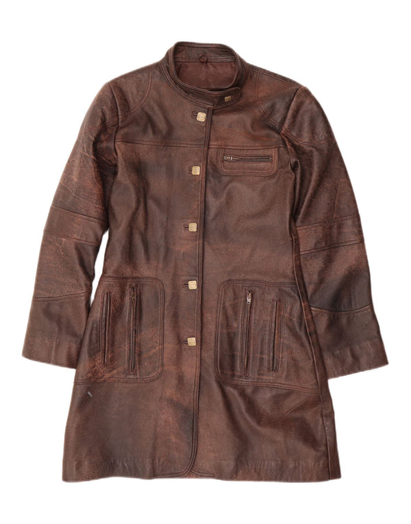 Casaco de couro feminino vintage Reino Unido 14 couro marrom médio