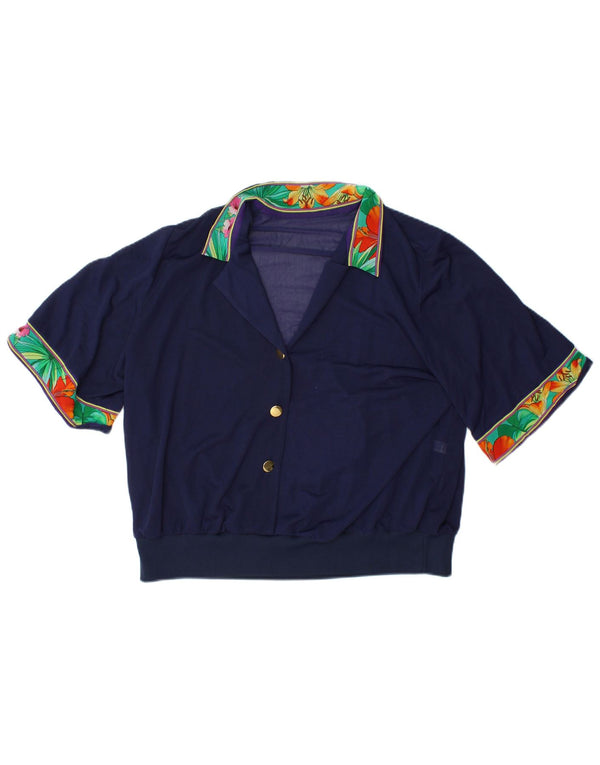 Blusa feminina VINTAGE Top IT 48 XL azul marinho floral