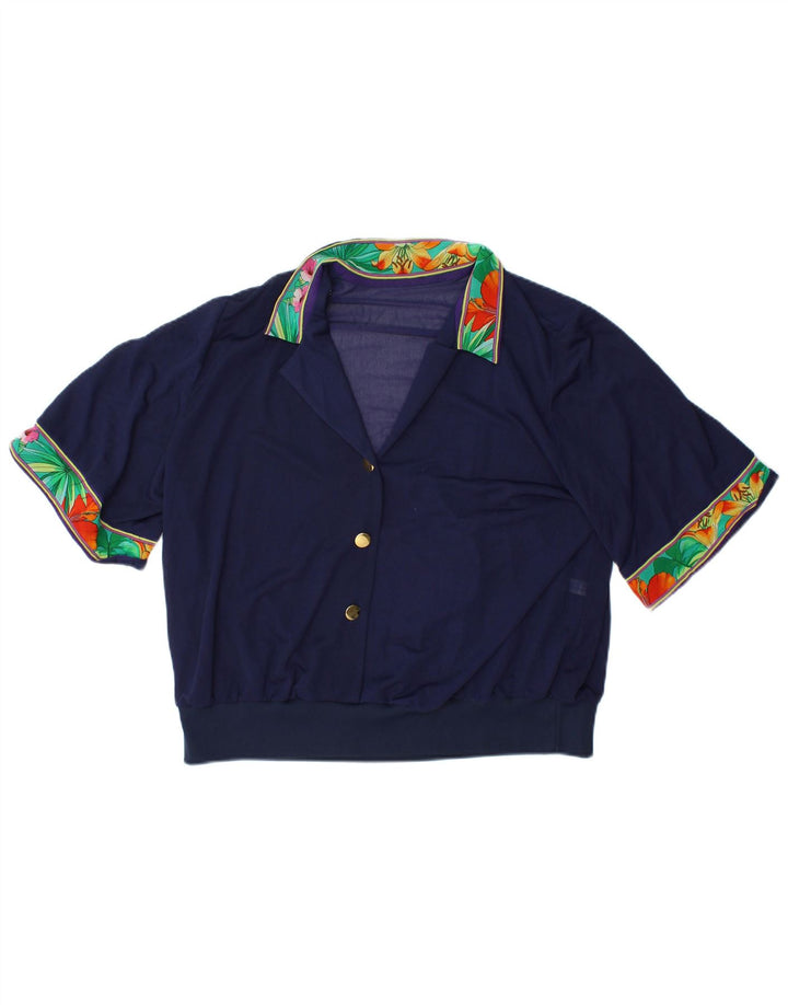 Blusa feminina VINTAGE Top IT 48 XL azul marinho floral