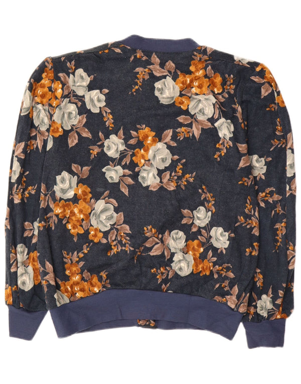 Suéter cardigã feminino vintage de grandes dimensões IT 50 XL azul marinho floral acrílico
