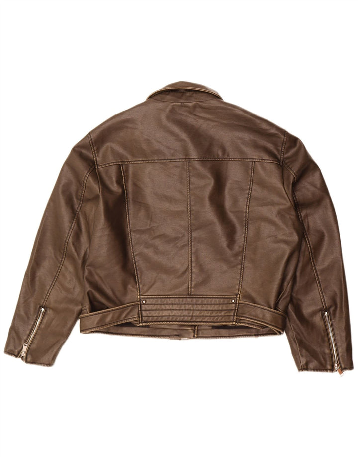 Zara Jaqueta feminina de couro sintético para motociclista UK 20 2XL marrom poliuretano