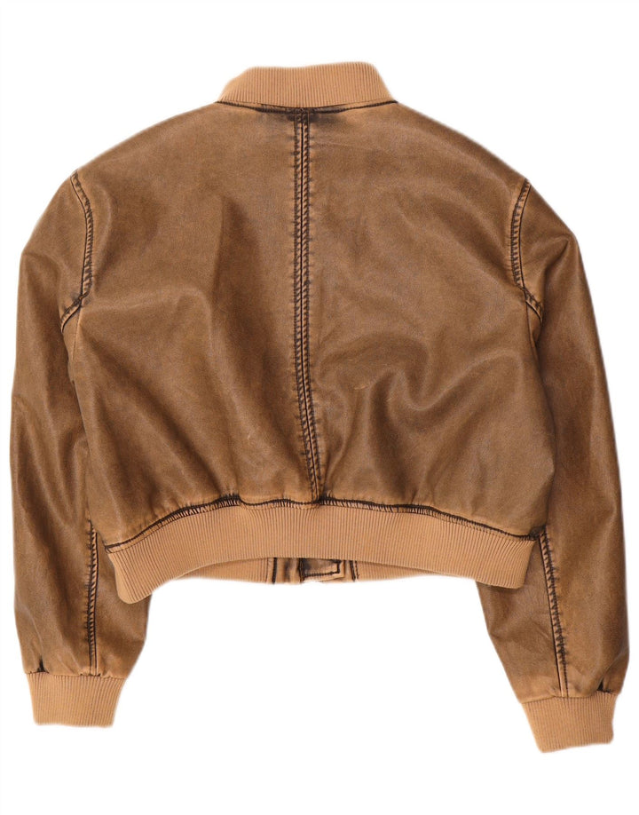 Jaqueta bomber feminina vintage de couro falso Reino Unido 14 marrom médio