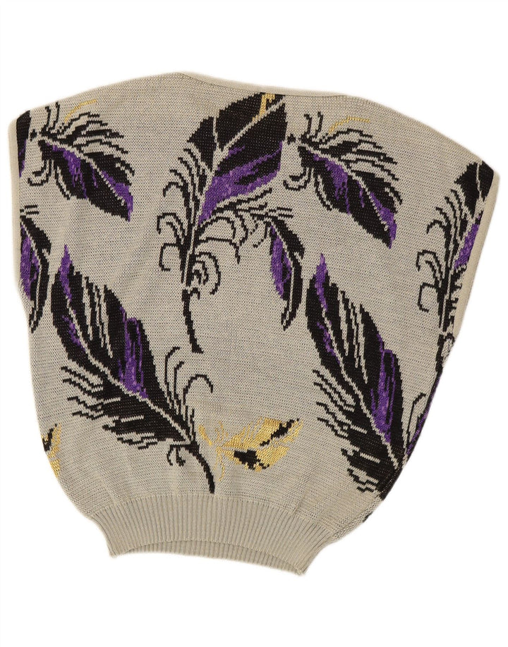 Suéter feminino VINTAGE sem mangas com gola canoa Reino Unido 14 grande cinza floral