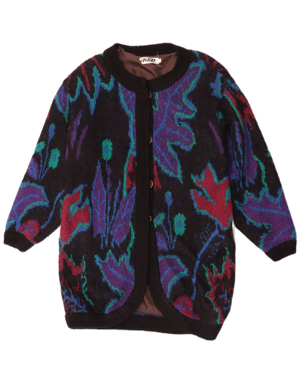 Suéter cardigã feminino vintage longline UK 18 XL preto floral