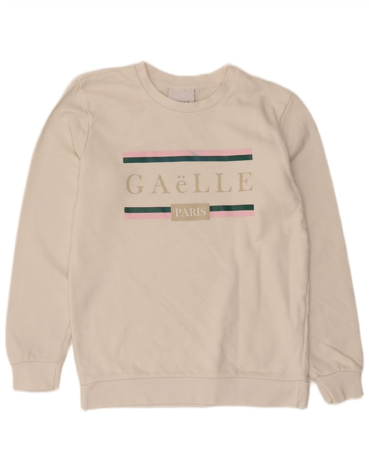 Suéter gráfico feminino Gaelle UK 14 algodão branco médio