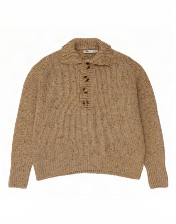 Zara Suéter feminino oversized com gola polo, Reino Unido 10 pequeno bege manchado