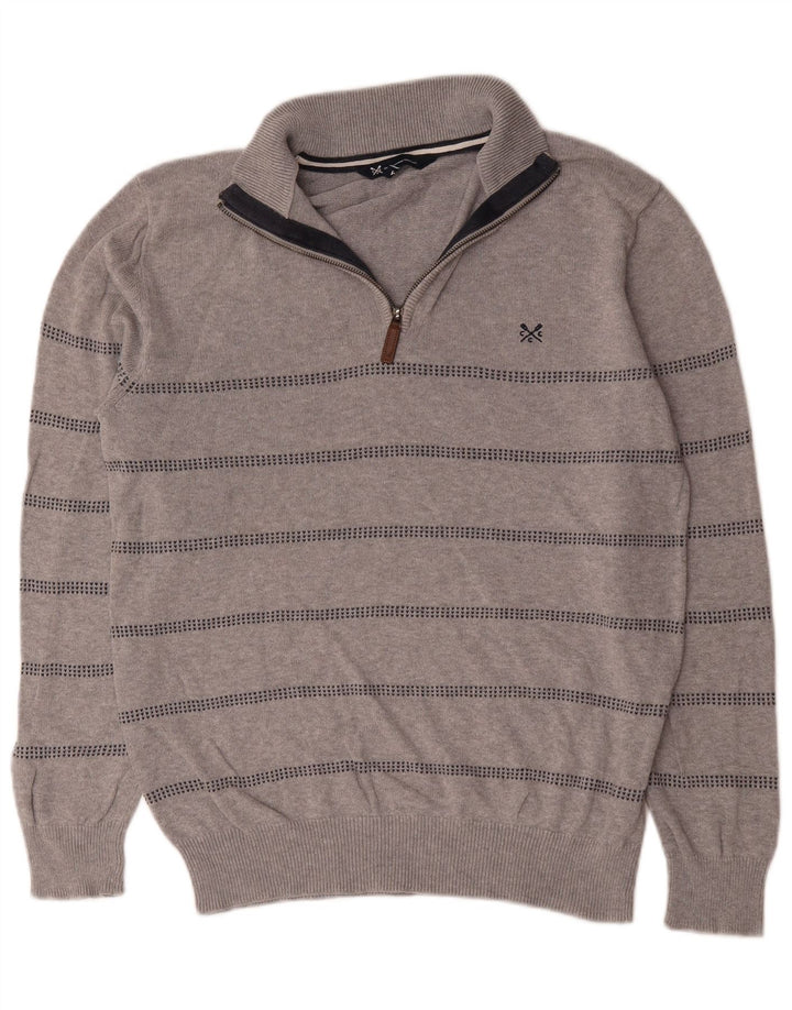 Crew Clothing Suéter masculino com gola e zíper, algodão listrado cinza médio